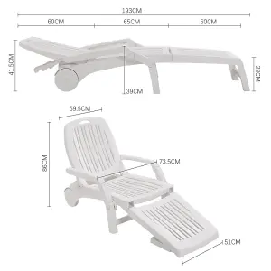 White Foldable Garden Sun Lounge Plastic Lounger Recliner Armchair with Wheels