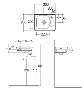 RAK Resort Wall Hung Small Cloakroom Basin 360mm