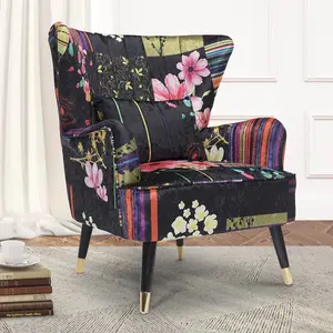 Fabric Black Patchwork Victoria Accent Wingback Chair