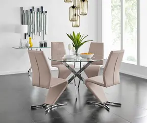 Furniturebox UK Novara Chrome Metal And Glass Large Round Dining Table And 4 Cappuccino Beige Willow Chairs Set