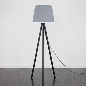 ValueLights Barbro Modern Black Wood Tripod Design Floor Lamp with Grey Tapered Shade - Includes 6w LED GLS Bulb 3000K Warm White