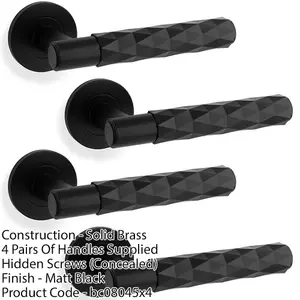 4 PACK - PAIR Diamond Lever on Round Rose Door Handle - Matt Black Concealed Screw