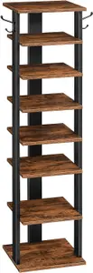 Shoe Rack Wooden, Tall Shoe Rack, Narrow Shoe Storage Organizer with 2 Hooks, Slim Shoe Shelf, Vertical Shoe Tower for Entrance,