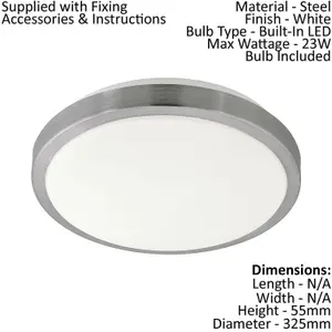 Wall Flush Ceiling Light White Shade White Satined Nickel Plastic Bulb LED 23W