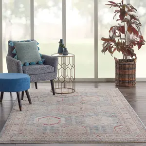 Light Blue Multicoloured Traditional Bordered Geometric Rug for Bedroom & Living Room-79 X 305cm (Runner)