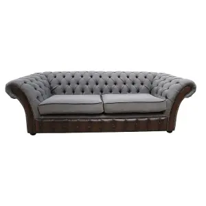 Chesterfield 3 Seater Antique Brown Real Leather Bacio Pewter Fabric Sofa In Jepson Style