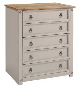 Mercers Furniture Corona Grey Wax Small 5 Drawer Chest of Drawers Solid Pine with Mexican Styling