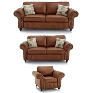 Oakland 3 Piece Sofa Suite 3 Seater, 2 Seater and Armchair Chesterfield Leather Air Tan