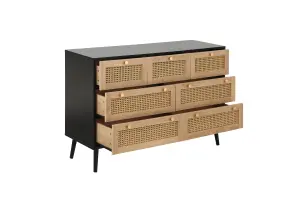 Black Chest of 7 Drawers Rattan Mid Century Modern