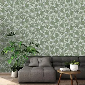 Riviera Tropical Leaf Wallpaper Grey Green Gold Metallic Textured Holden Decor