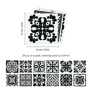 24 Pieces 15x15cm Calli Black and White Mediterranean Tile Stickers