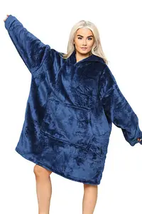 MS9 Women's Oversized Hoodie Wearable Blanket Hoodie Top With Sherpa Lining Navy Blue