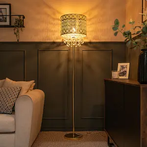 ValueLights Enna Gold Moroccan Style Floor Lamp with Acrylic Jewel Droplet Drum Lampshade