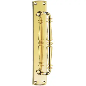 Cranked Ornate Door Pull Handle 380 x 65mm Backplate Polished Brass