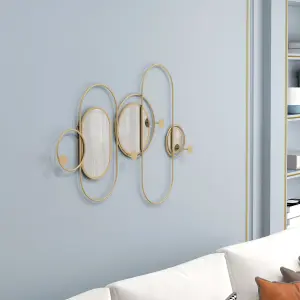 HOMCOM Metal Wall Art with Mirrors, Coat Hooks, Decorative Mirror Decor, Gold