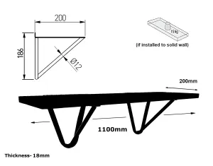 Solid Pine Rustical Shelf Primed Black Hairpin Bracket Style 20x110cm