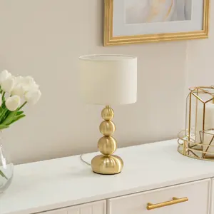 ValueLights Marissa Gold Stacked Ball Bedside Light Table Lamp with Drum Shade - LED Bulb Included