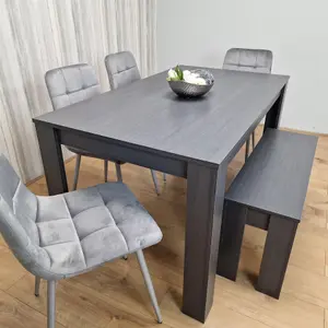 Dining Table and 4 Chairs With Bench Black Dark Grey 4 Grey Velvet Chairs Wooden Bench Wood Dining Set Furniture