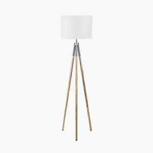 Silver Metal and Wood Grain Tripod Floor Lamp