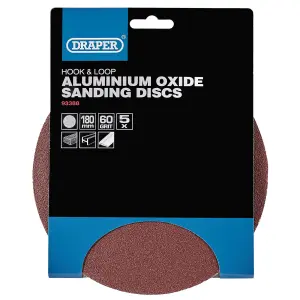 Draper Hook and Loop Aluminium Oxide Sanding Discs, 180mm, 60 Grit (Pack of 5) 93388