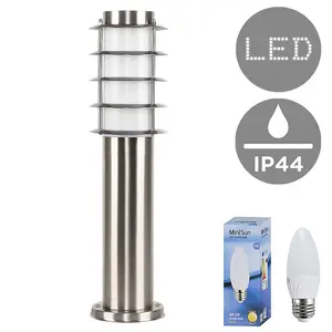 ValueLights Wharf Modern Outdoor Stainless Steel 450mm Bollard Lantern Light Post - Includes 4w LED Candle Bulb 3000K Warm White