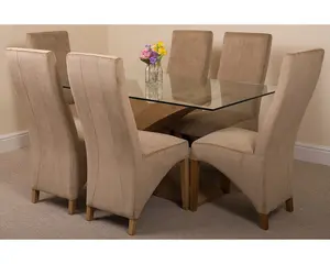 Valencia 160 cm x 90 cm Glass Dining Table and 6 Chairs Dining Set with Lola Beige Fabric Chairs