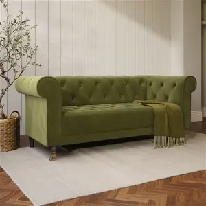 Olive Green Velvet Chesterfield 3 Seater Sofa - Ophelia