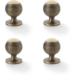 4 PACK - Reeded Ball Door Knob - 32mm Diameter Antique Brass Lined Cupboard Pull Handle