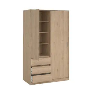 Tvilum Esla Scandinavian Matt jackson hickory oak effect 3 Drawer Double Sliding door wardrobe (H)2004mm (W)1185mm (D)600mm