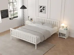 White Wooden Bed Frame King Size 5FT Shaker Style With Slatted Headboard & Footboard