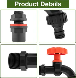 Premium Water Butts Kit  3/4" bsp black tap with click lock hose connector + Hozelock suited tap  connector + PTFE Tape Roll