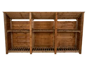 Wooden log store (roof sloping back) with kindling shelf W-335cm, H-180cm, D-88cm - brown finish