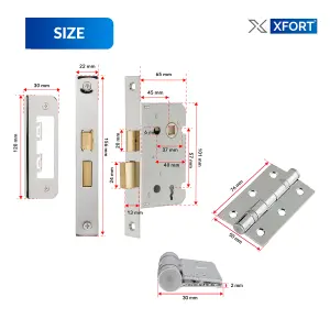 XFORT Polished Chrome Bathroom Door Accessory Pack, Compete with 65mm Bathroom Lock and 75mm Ball Bearing Hinges