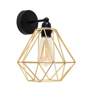 ValueLights Cambourne Industrial Satin Black Pipework Single Wall Light with Gold Metal Cage Light Shade