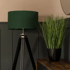 ValueLights Clipper Modern Black Wood and Silver Chrome Tripod Floor Lamp with Forest Green Drum Shade