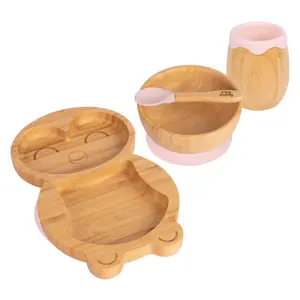 Tiny Dining 4pc Penguin Bamboo Suction Baby Feeding Set - Pastel Pink