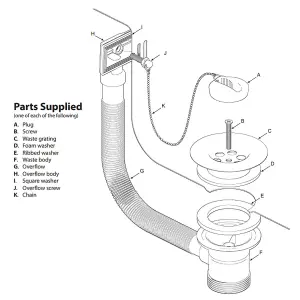 SPARES2GO Sink Waste Combination Overflow Plug with Chain 40mm 1.5" (Square)