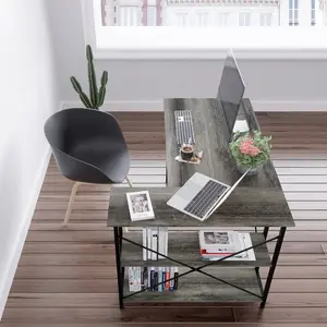 L-Shaped Desk (120 or 140cm x 90cm) Corner Desk with Adjustable Shelves by Aliff Grey / 74cm H x 120cm W x 90cm D