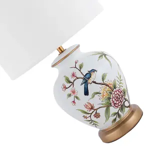 Traditional Ceramic Lamp Base in White Gloss with Coloured Birds and Flowers