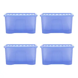 Wham Crystal Sparkle 4x 60L Plastic Storage Boxes with Lids Tint Sparkle Blue. Large Size, Strong (Pack of 4, 60 Litre)