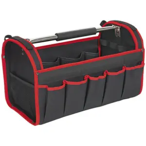 Durable Red Open Tool Bag with Multiple Pockets and Rigid Base