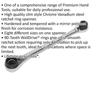 Versatile 8-in-1 Double Ended Reversible Ratchet Ring Spanner with Slim Handle