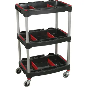 Efficient 3 Level Wheeled Workshop Trolley with Ample Parts Storage - 30kg Capacity per Shelf