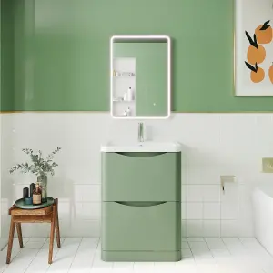 Floor Standing 2 Drawer Vanity Basin Unit with Polymarble Basin, 600mm - Satin Green