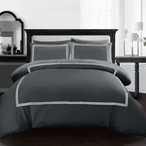 My Home Store Junco Microfiber 3 Piece Luxury Bratta Stitch Duvet Cover Sets With Pillowcase Charcoal/White / Double - 2 Standard Pillowcases