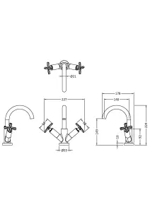 Connect Mono Basin Mixer Tap with Crosshead Handles & Push Button Waste - Matt Black - Balterley