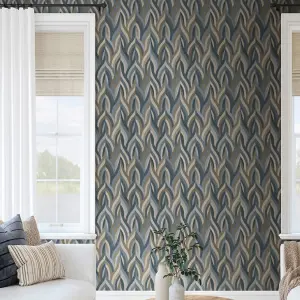 Holden Arabesque Leaves Geometric Leaf Stripe Vinyl Texture Blue Wallpaper