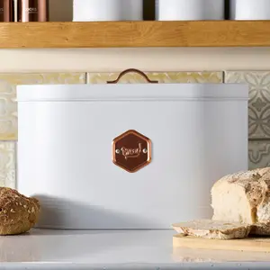 Cooks Professional Kitchen Storage Bread Bin Canister With Nameplate White / Copper