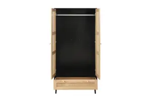 Black 2 Door Wardrobe Rattan 1 Drawer Mid Century Modern