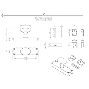 Oval Knobbed Espagnolette Set 118 x 24.5mm Fixing Centres Polished Chrome